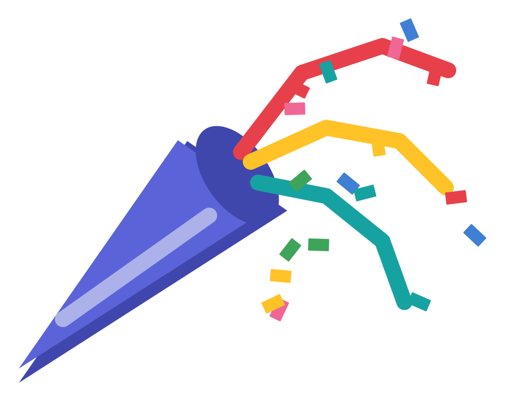 A tilted party popper cone with streamers and coloured confetti bursting out of it.