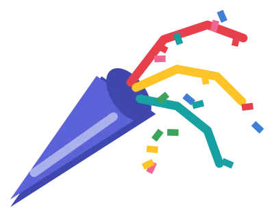 A tilted party popper cone with streamers and coloured confetti bursting out of it.