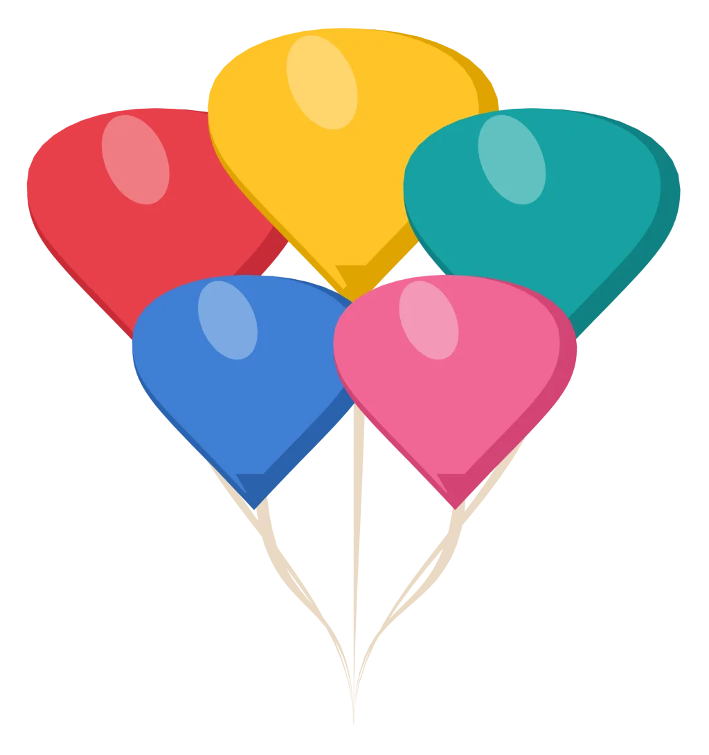Five party balloons in red, yellow, mint, blue and pink with curling strings tied together.