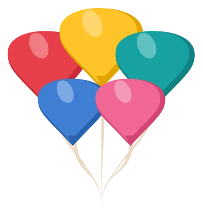 Five party balloons in red, yellow, mint, blue and pink with curling strings tied together.