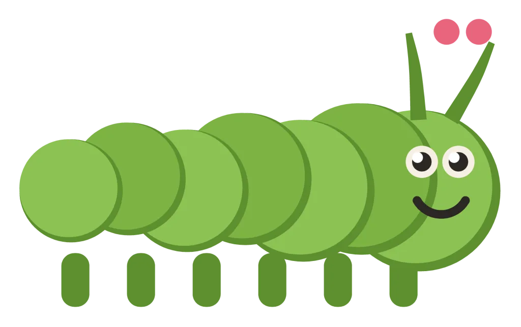 A green caterpillar in side view, made of round segments, with a smiling face and small legs underneath.