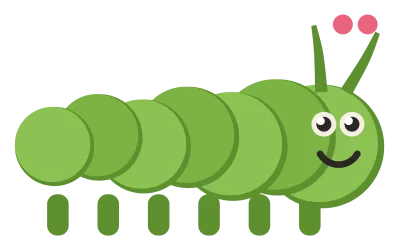 A green caterpillar in side view, made of round segments, with a smiling face and small legs underneath.
