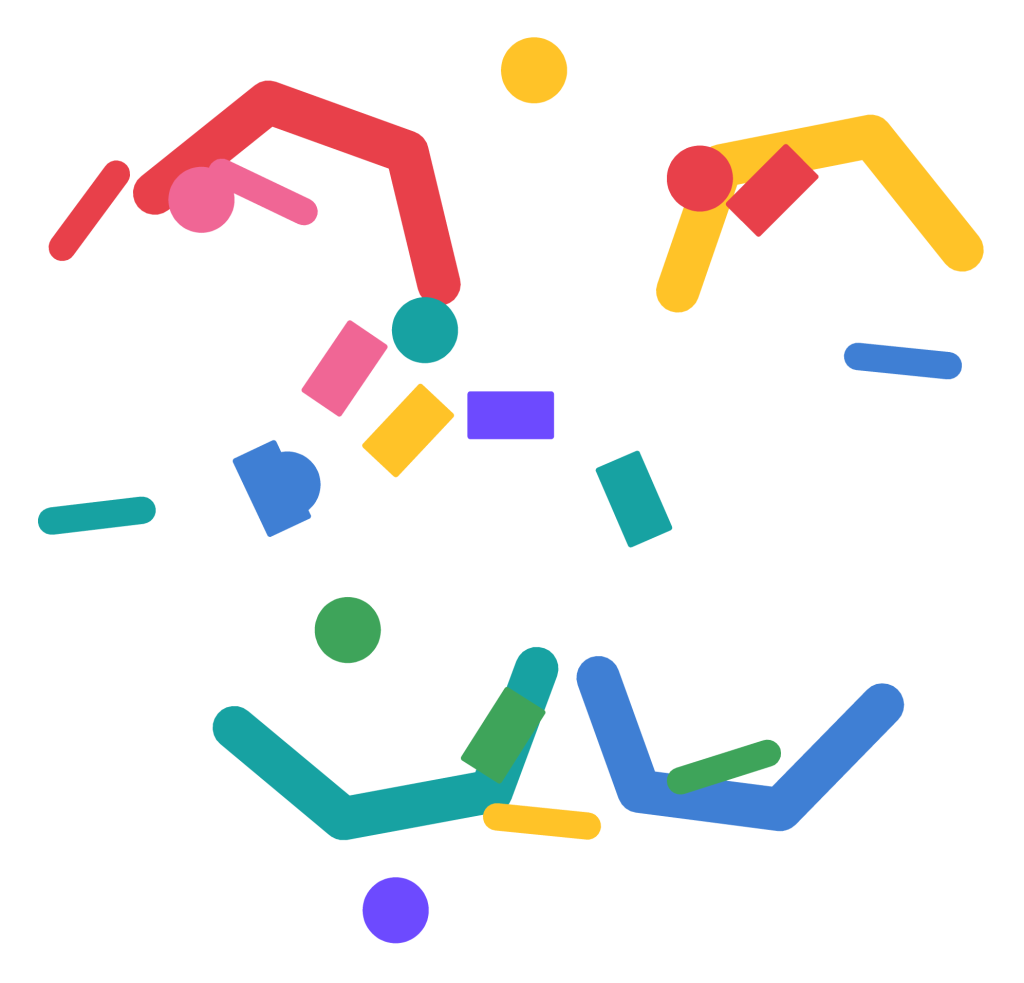 A scatter of colourful confetti pieces and curled streamers in red, yellow, mint, blue and pink.