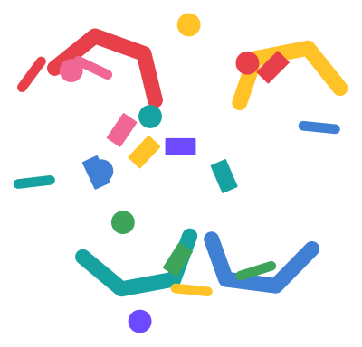 A scatter of colourful confetti pieces and curled streamers in red, yellow, mint, blue and pink.