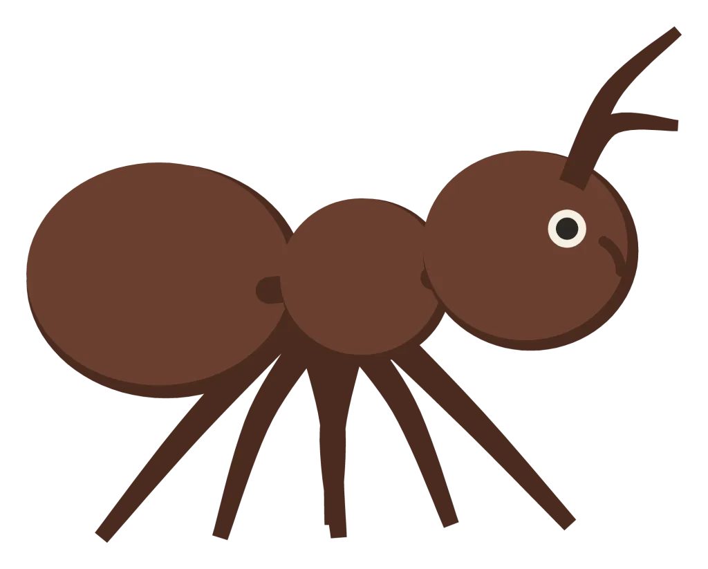 A dark red ant in side view, with three clearly separated body segments, six legs and bent antennae.