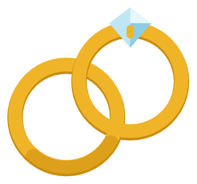 Two interlocking gold wedding rings, the upper one set with a diamond.