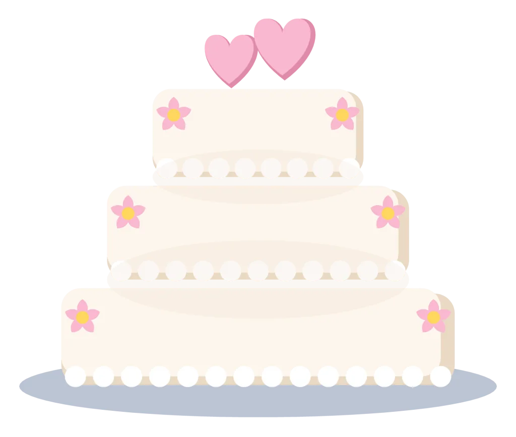 A three-tier white wedding cake with piped edges, small pink flowers and two hearts on top.