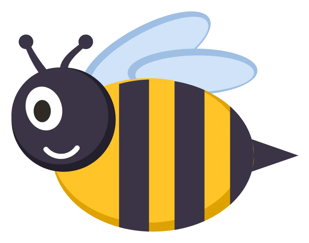 A striped yellow and black bee in side view with pale blue wings and a small stinger.