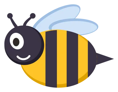 A striped yellow and black bee in side view with pale blue wings and a small stinger.
