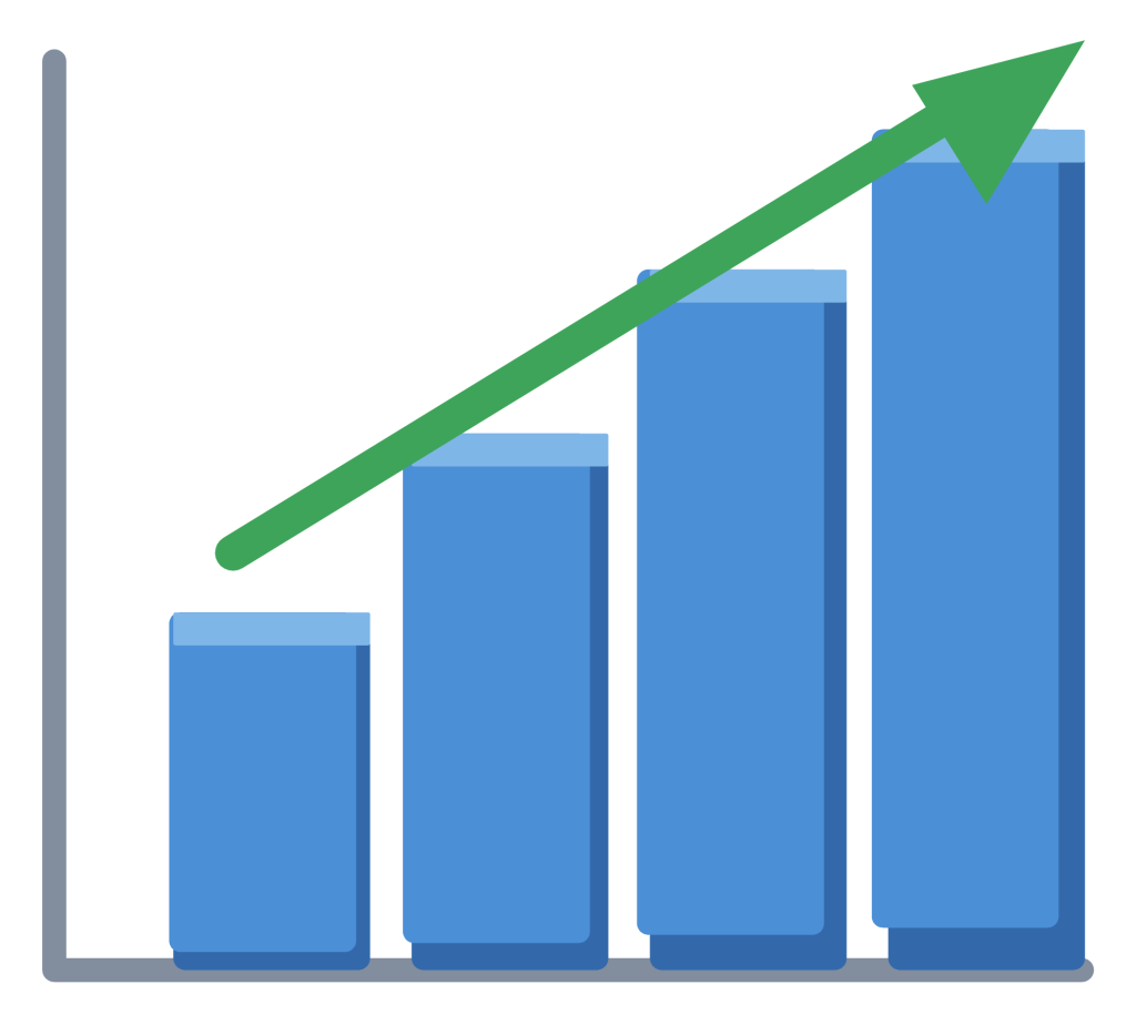 A bar chart with four rising blue bars and a green arrow climbing across them.