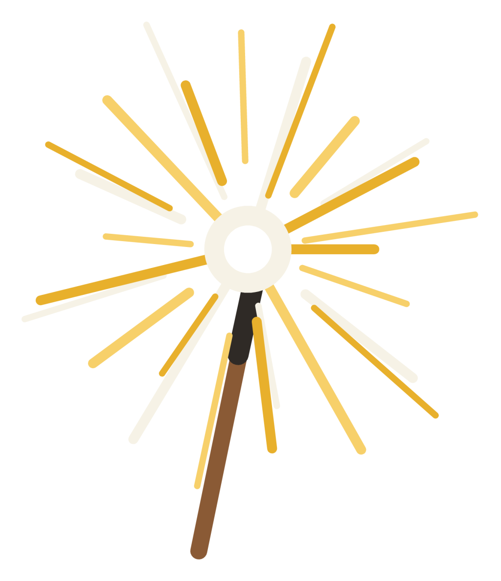 A lit sparkler on a wooden stick throwing gold and white sparks in all directions.