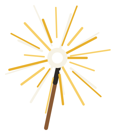 A lit sparkler on a wooden stick throwing gold and white sparks in all directions.