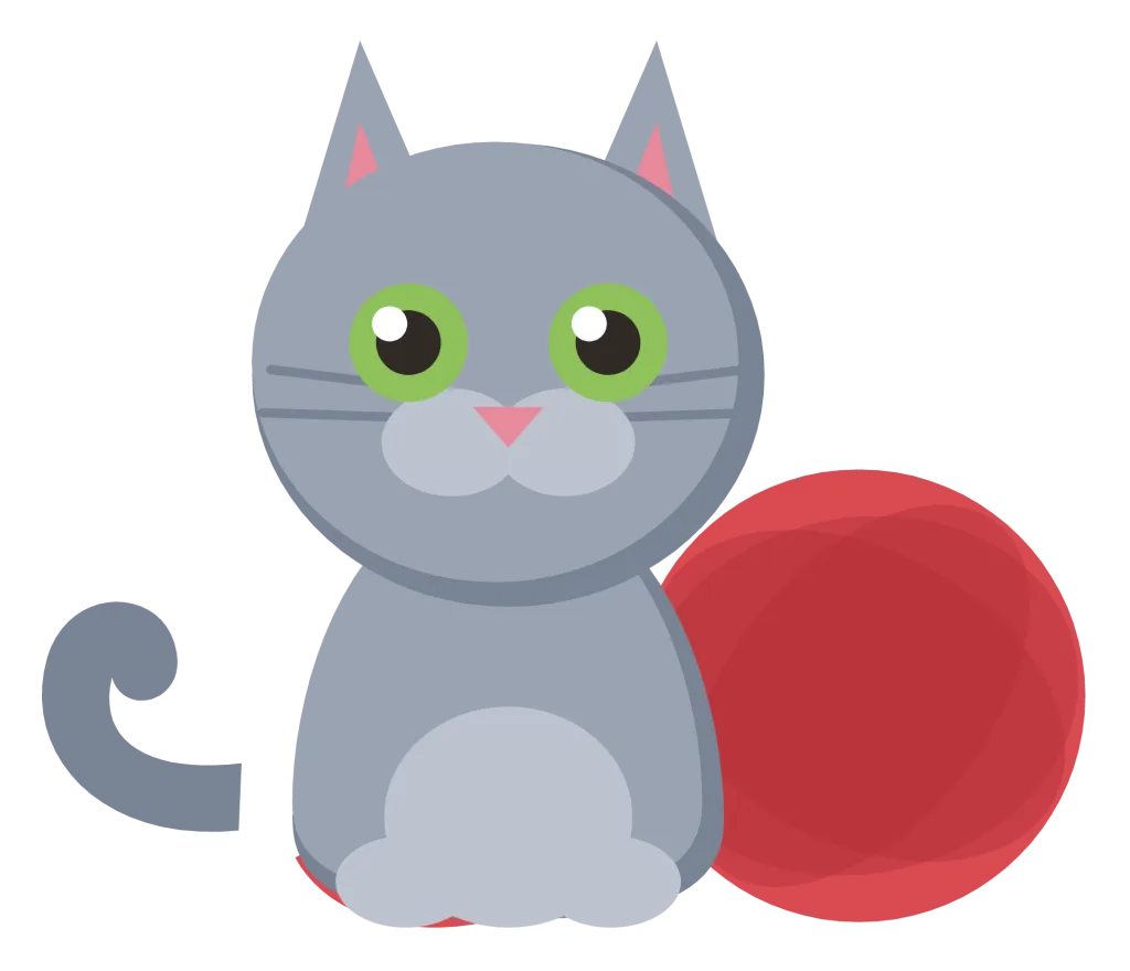 A small grey kitten sitting beside a red ball of yarn with a loose strand trailing from it.