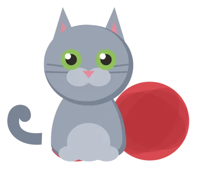 A small grey kitten sitting beside a red ball of yarn with a loose strand trailing from it.