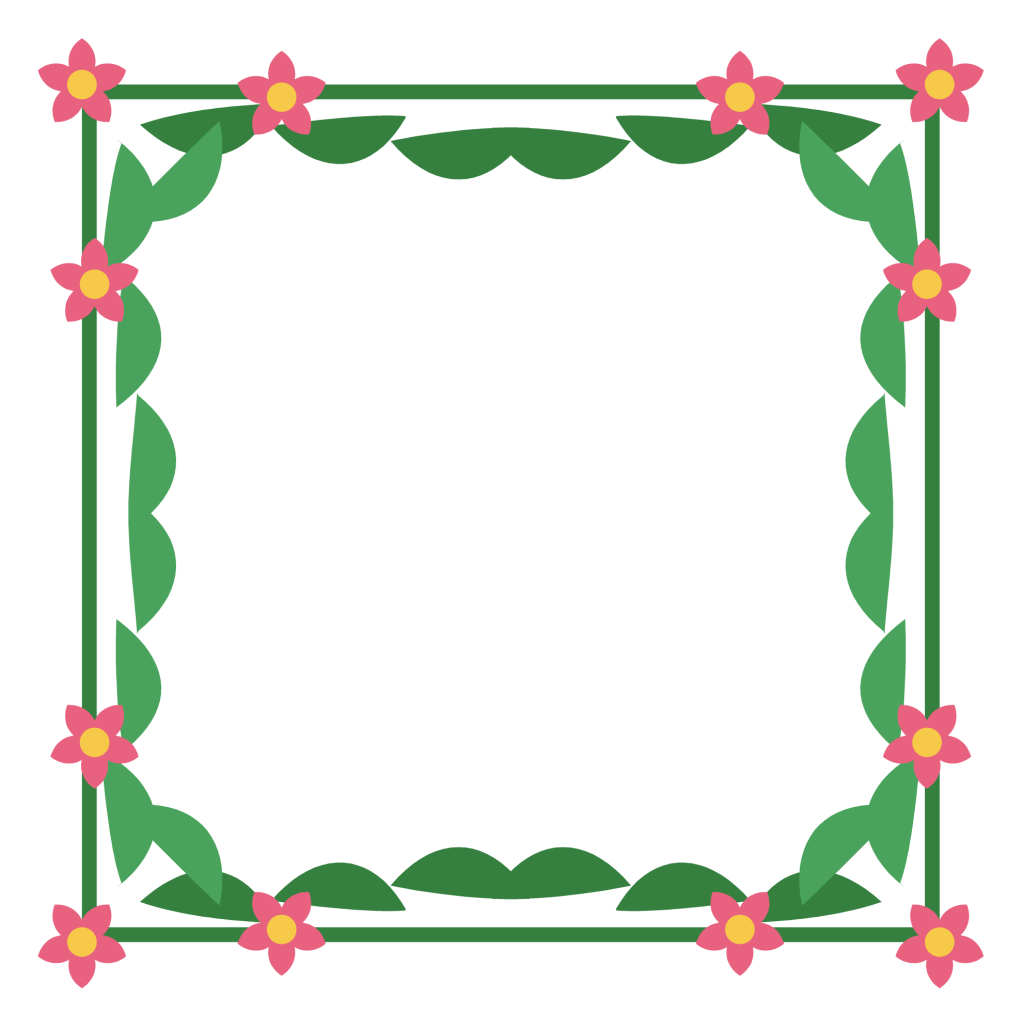 A rectangular page border with green leaves and small pink flowers at each corner.