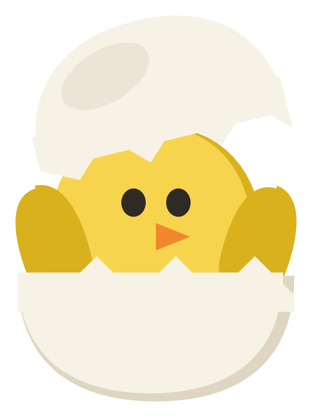 A yellow chick hatching out of a cracked white eggshell, with the top of the shell on its head.