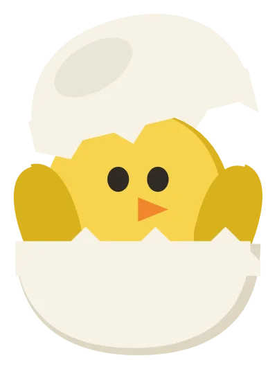 A yellow chick hatching out of a cracked white eggshell, with the top of the shell on its head.