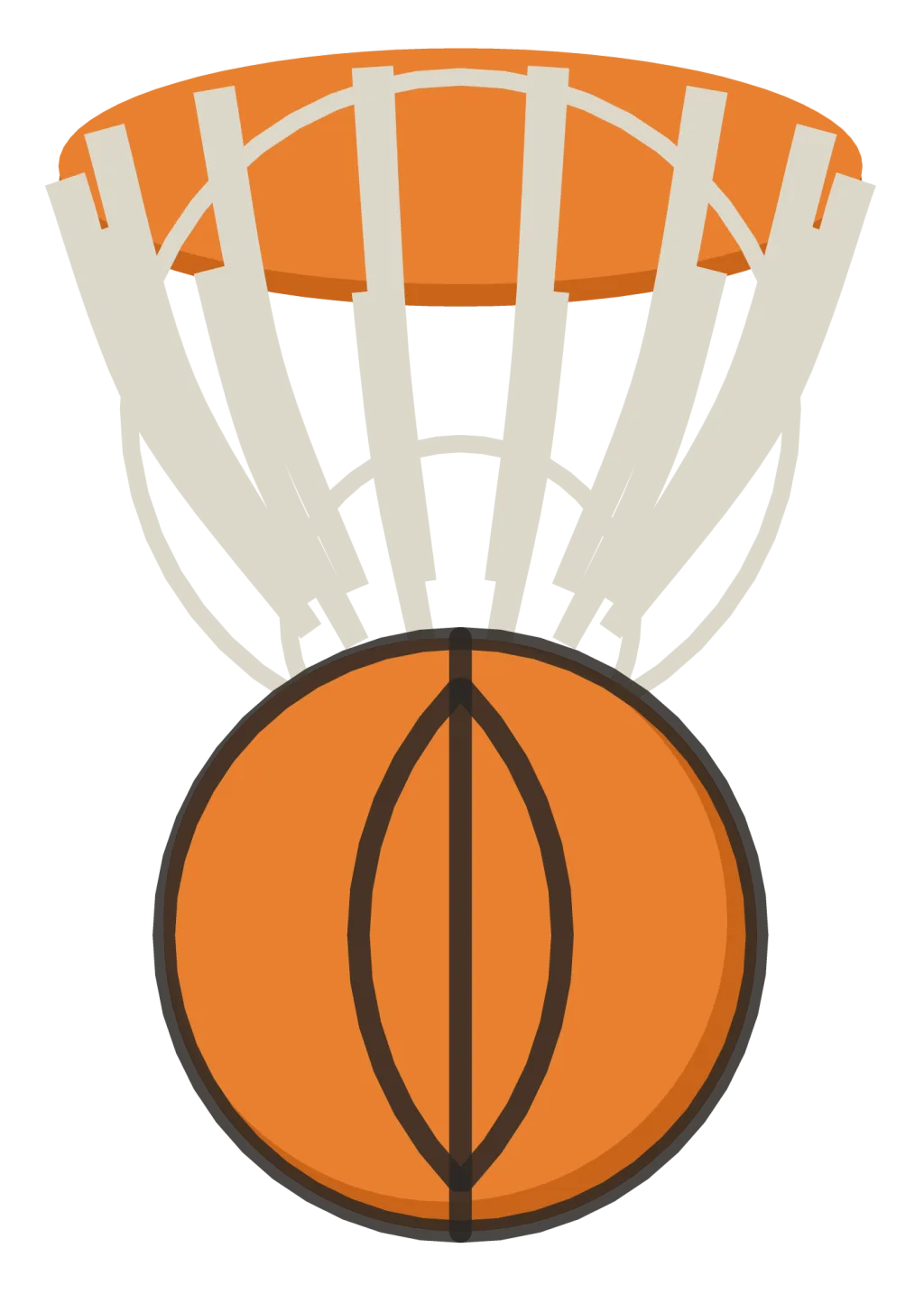 An orange basketball dropping out of the bottom of a hoop, with the net hanging open above it.