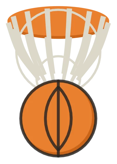 An orange basketball dropping out of the bottom of a hoop, with the net hanging open above it.