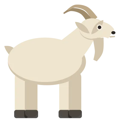 A cream goat standing in profile, with horns swept back over its neck and a beard under its chin.