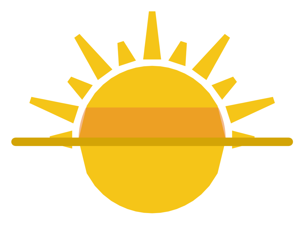A sun half risen over a horizon line, with rays spreading above it in two lengths.