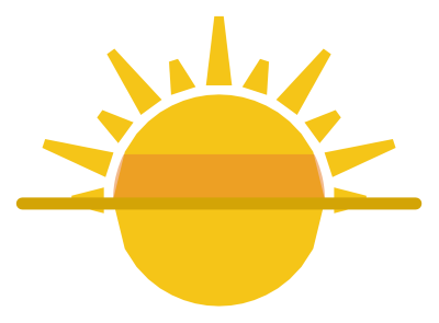 A sun half risen over a horizon line, with rays spreading above it in two lengths.