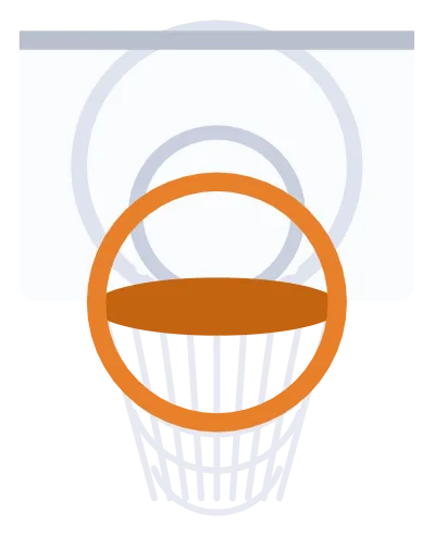 A basketball backboard with an orange rim and a white net hanging from it.