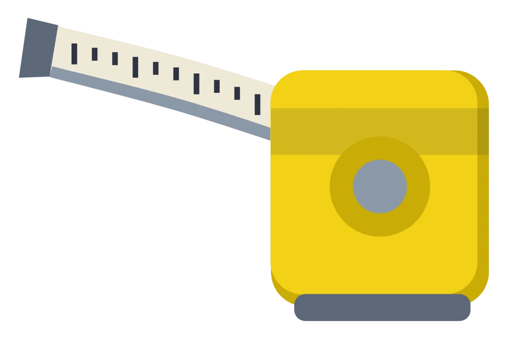 A yellow tape measure case with the steel blade pulled out and its hook at the end.
