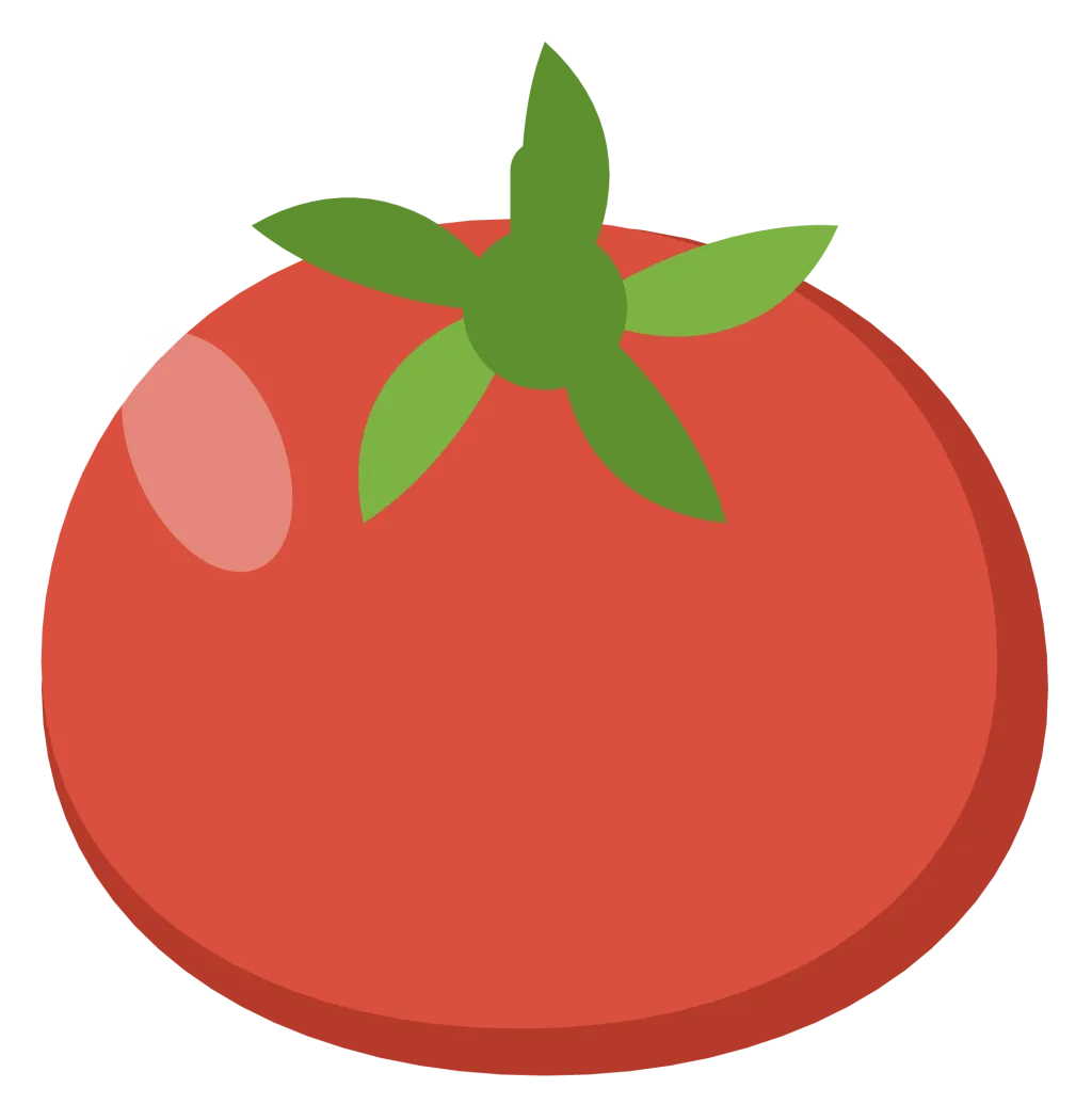 A round red tomato with a green star-shaped calyx and a short stem on top.