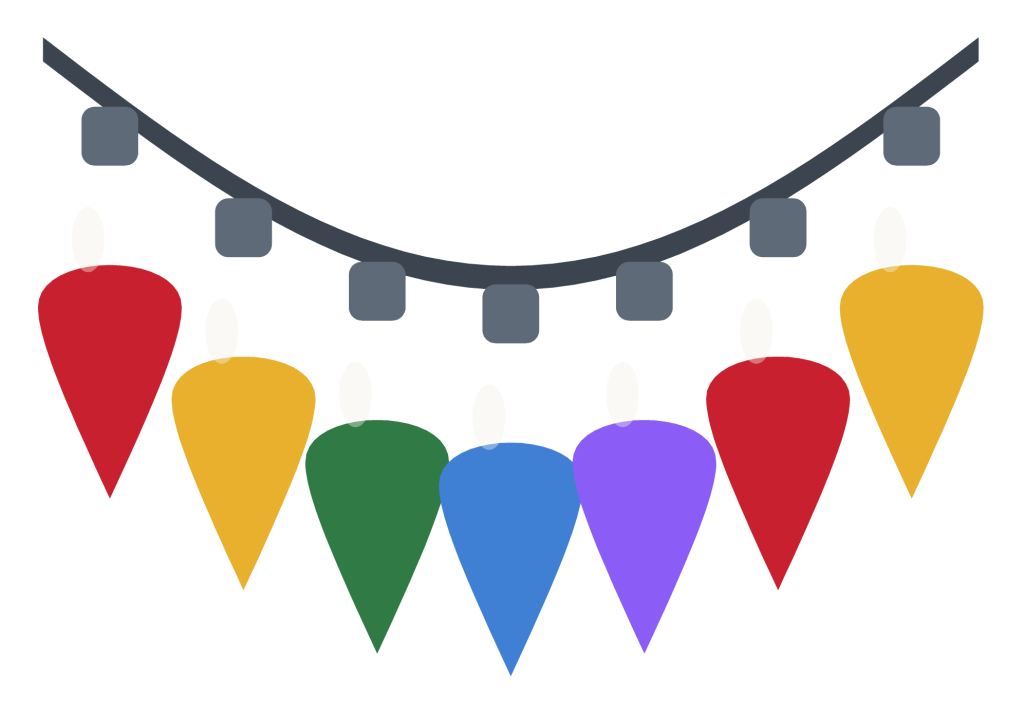 A string of coloured Christmas lights hanging in a curve from a dark cable.