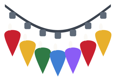 A string of coloured Christmas lights hanging in a curve from a dark cable.