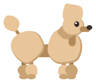 An apricot poodle standing in profile, with pompoms at the tail, ankles and topknot.
