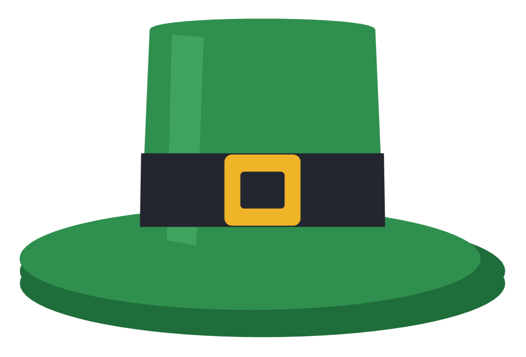 A green leprechaun top hat with a black band and a gold buckle.