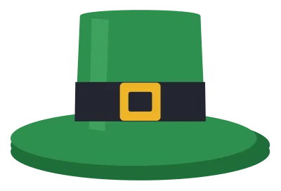 A green leprechaun top hat with a black band and a gold buckle.