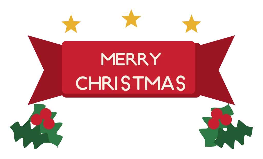 A red ribbon banner reading Merry Christmas between sprigs of holly and gold stars.