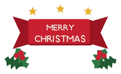 A red ribbon banner reading Merry Christmas between sprigs of holly and gold stars.