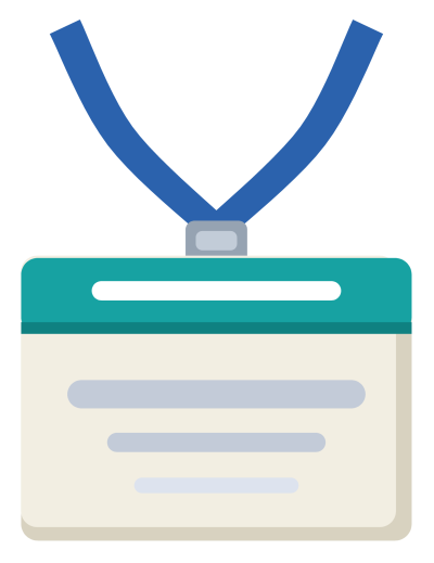 A conference name badge on a lanyard with a coloured header and ruled name lines.