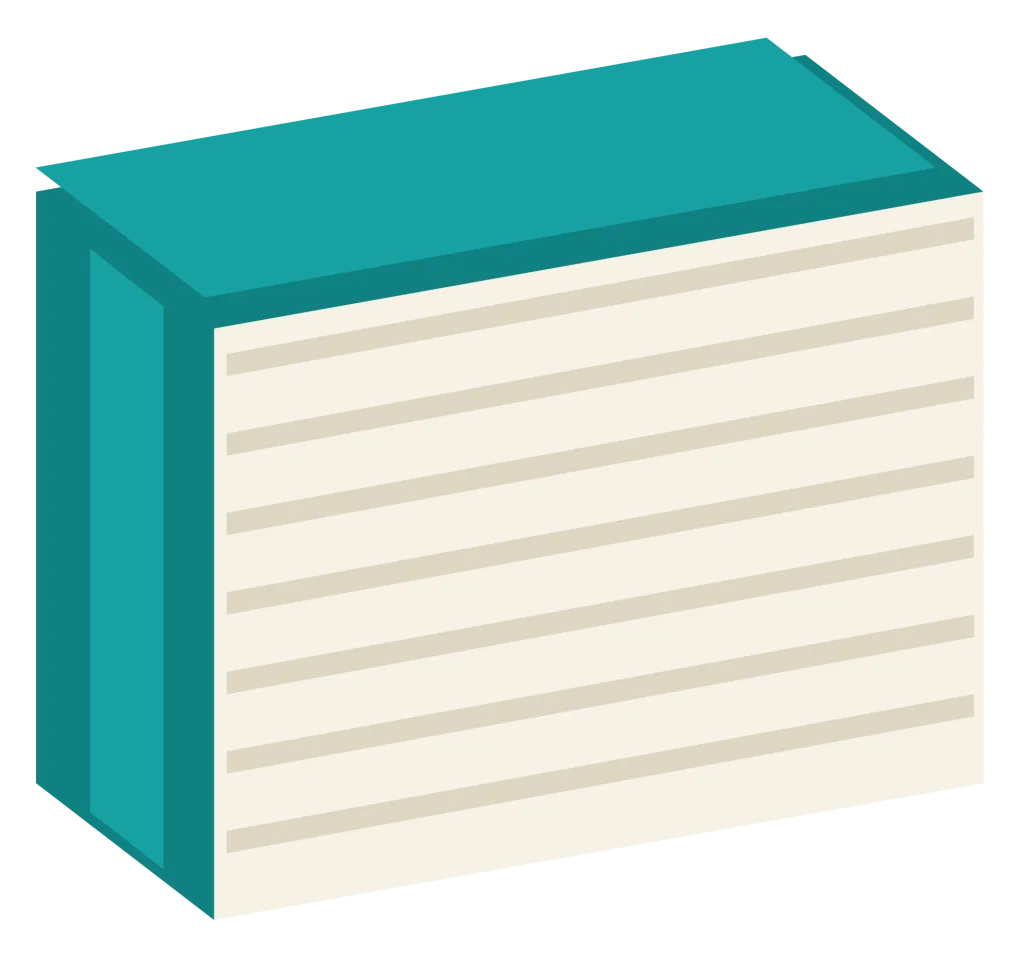 A closed hardback book seen at an angle, with a teal cover, a spine band and visible page edges.