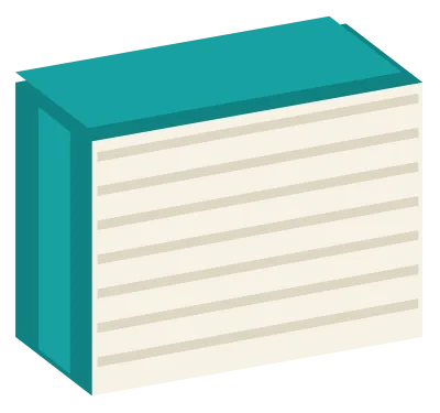 A closed hardback book seen at an angle, with a teal cover, a spine band and visible page edges.