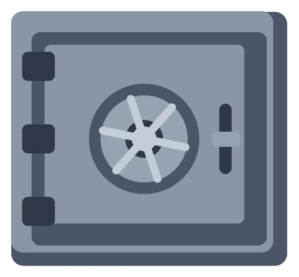 A heavy grey safe with a spoked dial, a handle and a hinged door standing slightly open.