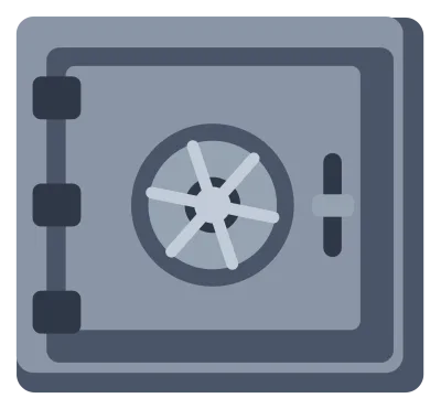 A heavy grey safe with a spoked dial, a handle and a hinged door standing slightly open.