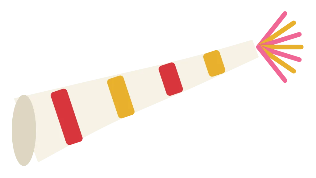 A striped party blower with the paper tube unrolled and a fringe at the tip.