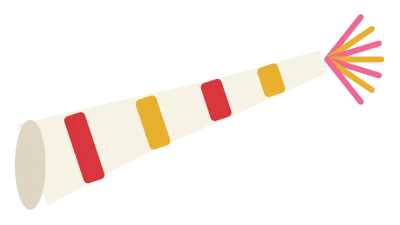 A striped party blower with the paper tube unrolled and a fringe at the tip.