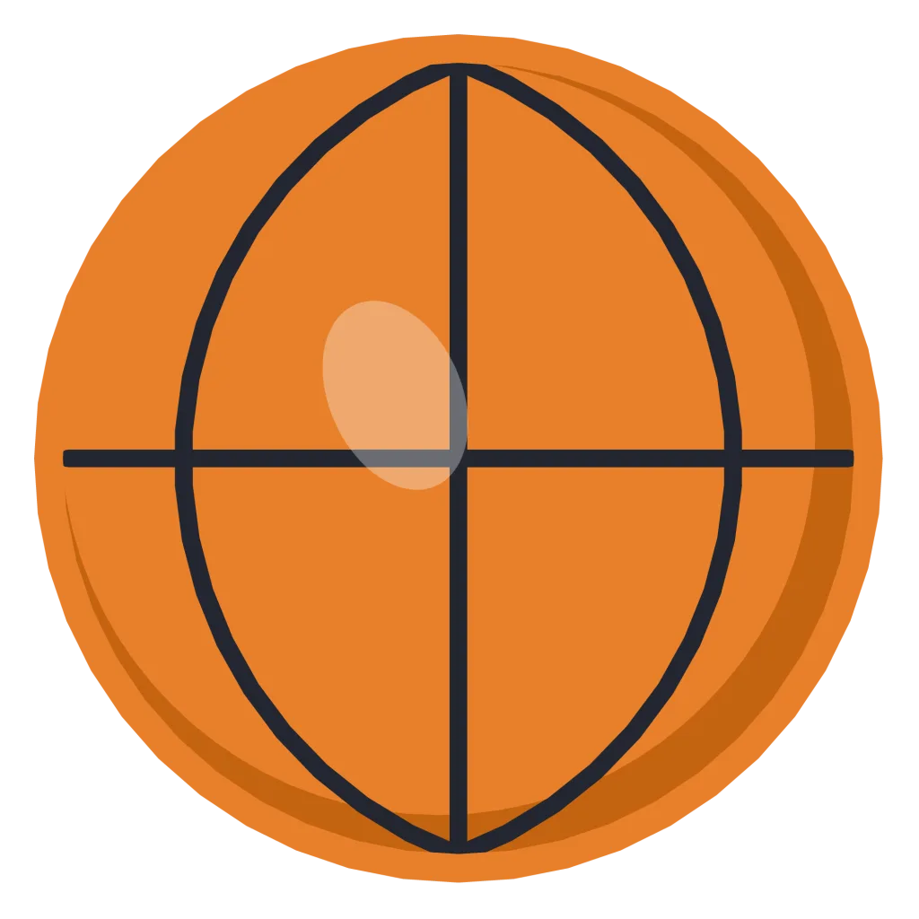 An orange basketball with black seam lines curving across it.
