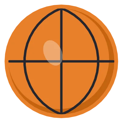 An orange basketball with black seam lines curving across it.