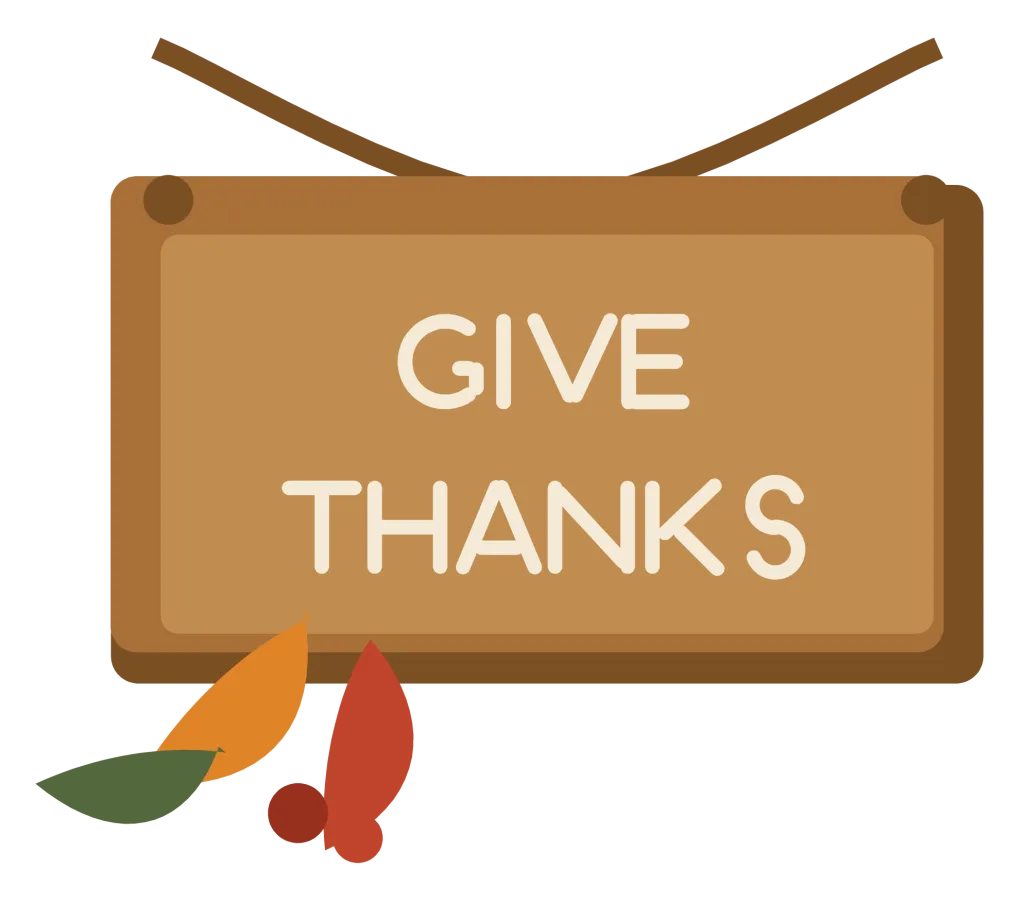 A wooden hanging sign reading Give Thanks with a sprig of leaves and a length of twine.