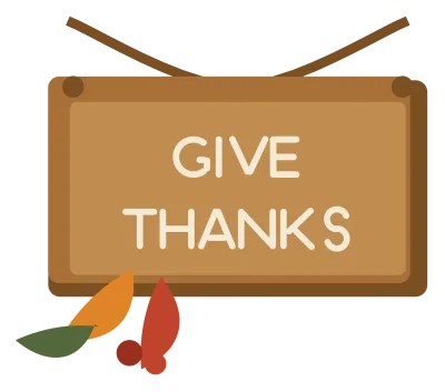 A wooden hanging sign reading Give Thanks with a sprig of leaves and a length of twine.