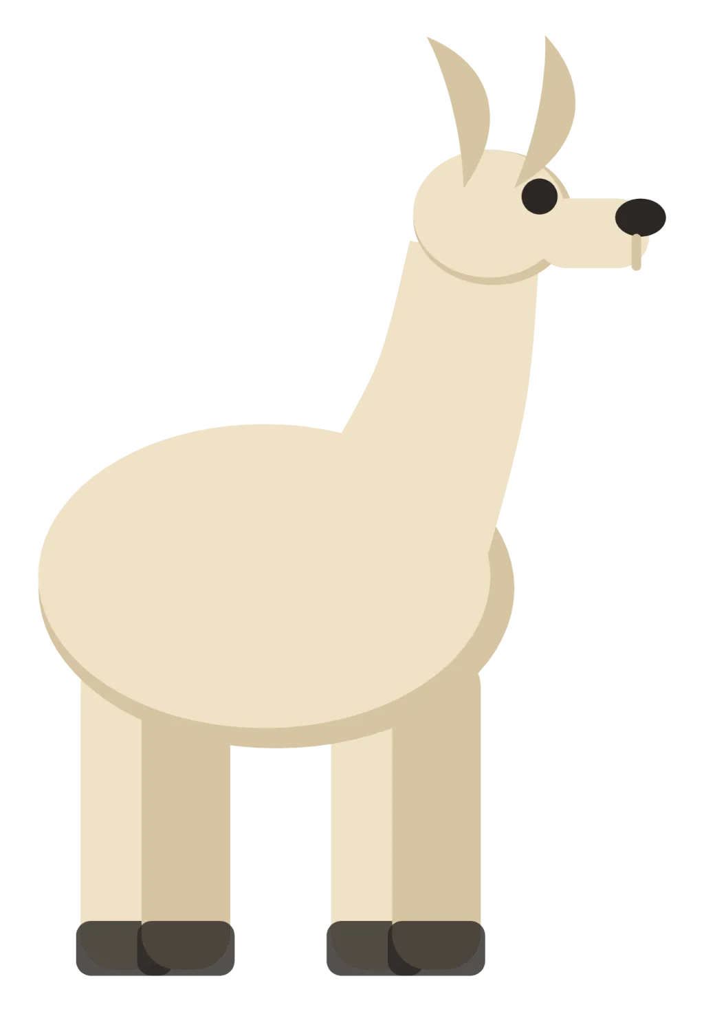 A cream llama standing in profile, with a long upright neck, banana-shaped ears and a small head.