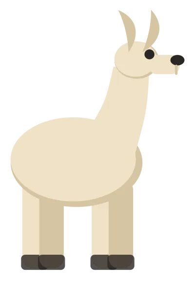 A cream llama standing in profile, with a long upright neck, banana-shaped ears and a small head.