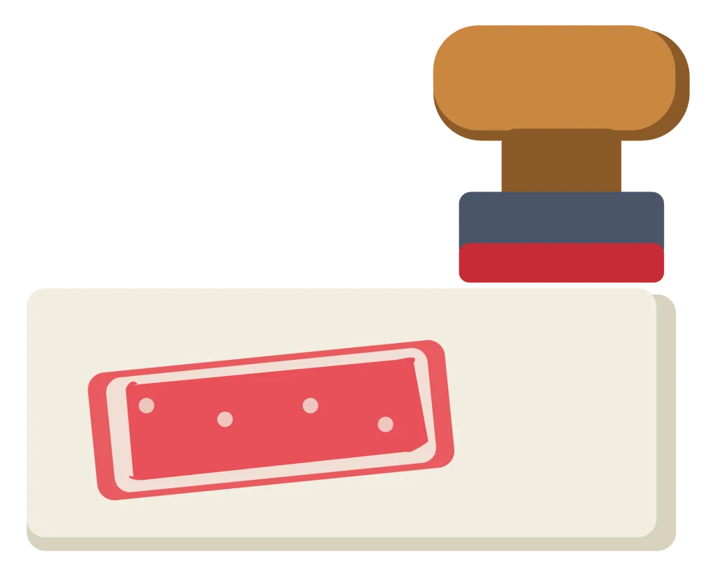 A wooden rubber stamp with a rounded handle beside a red inked impression on paper.